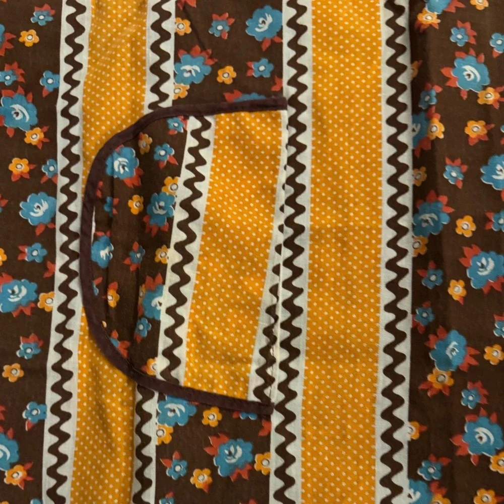 Vintage 2 Apron Set Smock Bib Floral Striped Brown Yellow Retro Mid Century